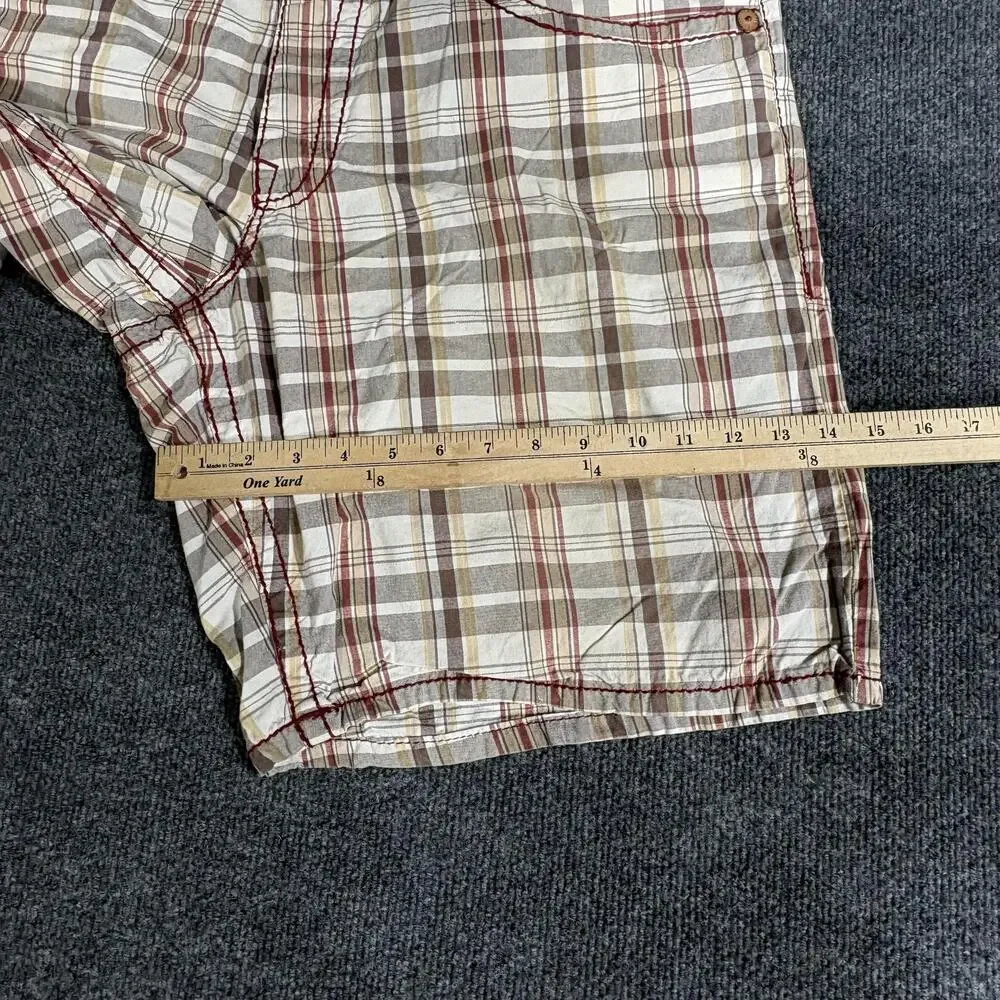 True Religion Swim Shorts Mens 40 Beige Plaid Cotton Twill Swimwear Pockets
